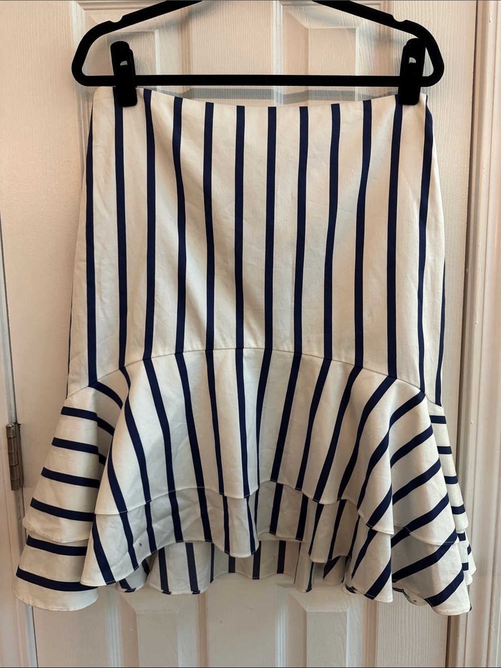 RALPH LAUREN Striped Ruffle Hem Skirt Cotton Silk Blend Navy & White Size 8